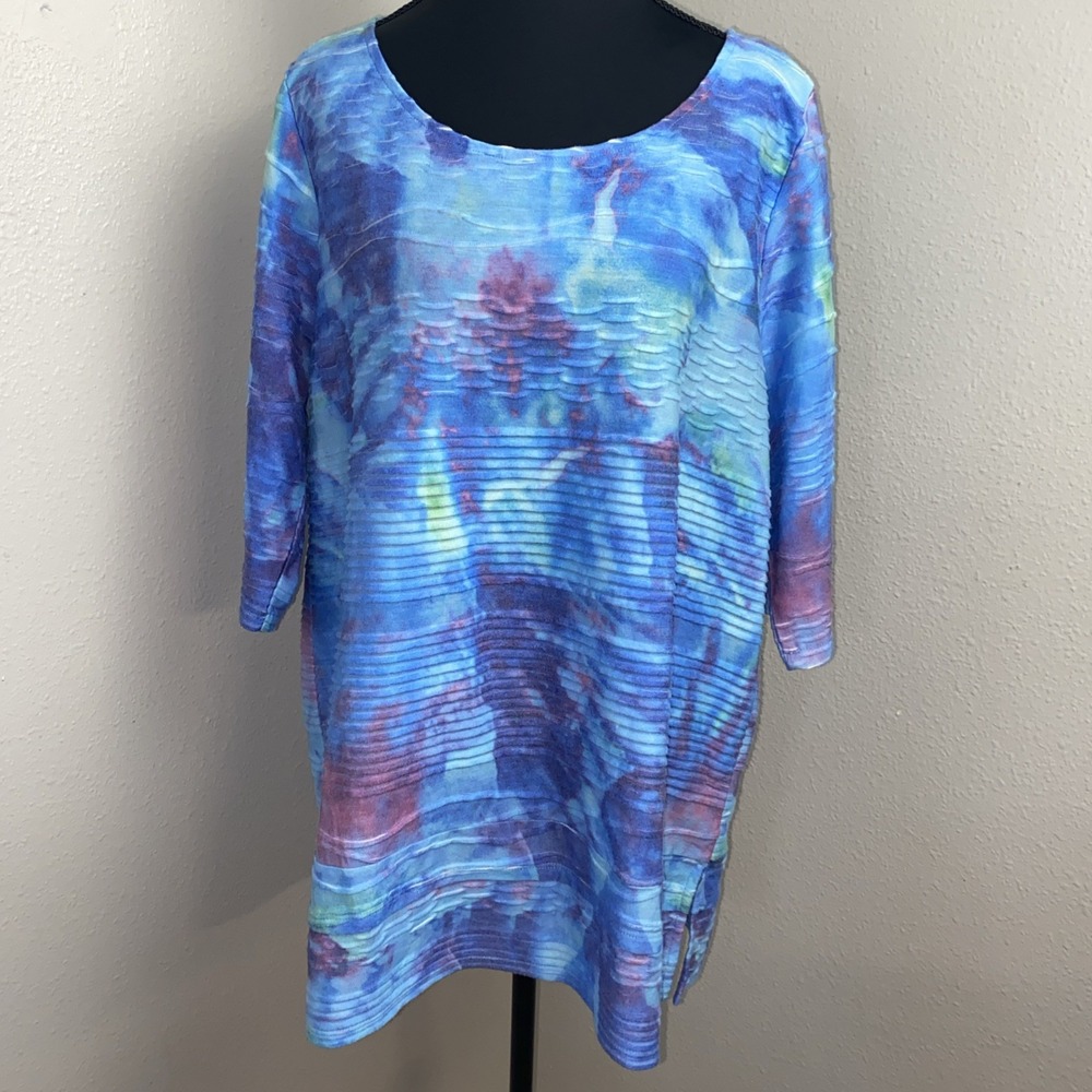 Soft‎ Surroundings Michelena Womens Size XL Blue Tie Dye Ribbed 3/4 Sleeve Shirt